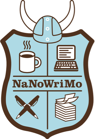 Logo of NaNoWriMo nonprofit; the logo is a horned helmet atop a shield that features a coffe mug, laptop, pens, and paper