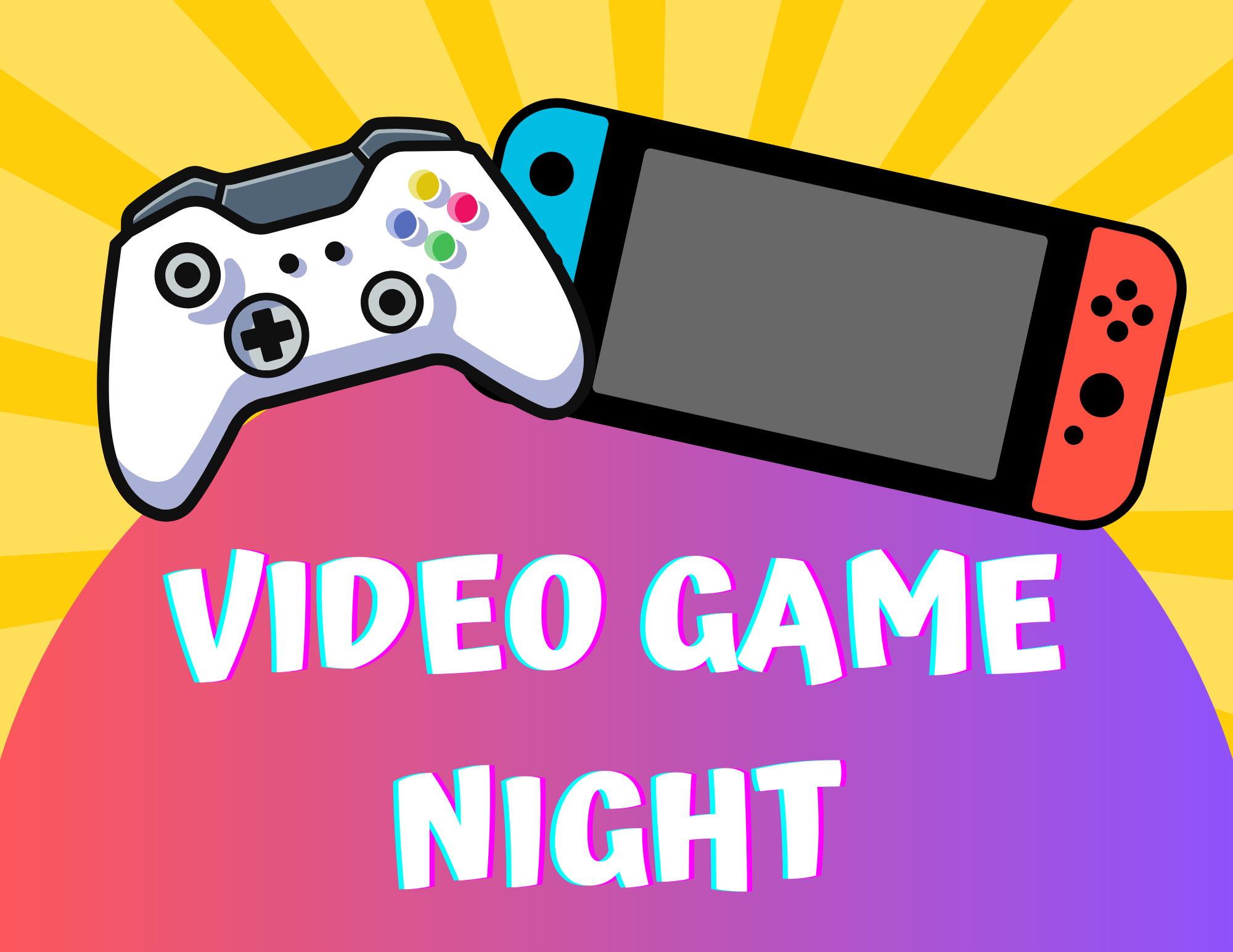 Cartoon graphic depicting an Xbox One controller and Switch with the text "Video Game Night" underneath