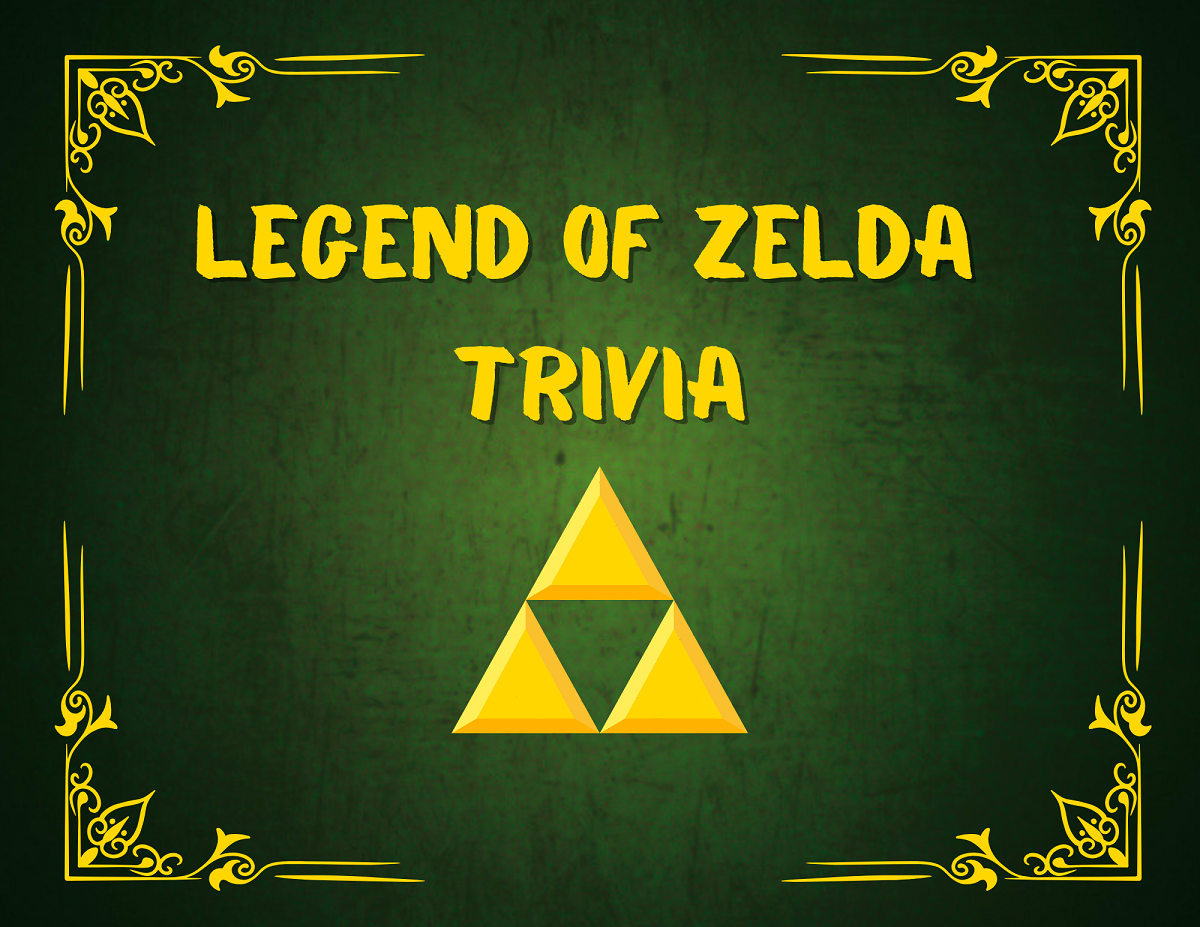 Graphic with a dark green background with the words in gold above a triforce reading "Legend of Zelda Trivia"