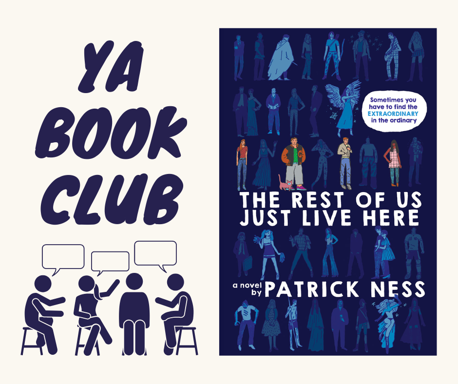 Image is split in half, vertically.  On the left side, in dark blue, bold font, "YA Book Club".  Under the words, 4 clip art-style figures sit on chairs with speech bubbles over their heads.  The right half of the image is the book cover for the book being read that month.
