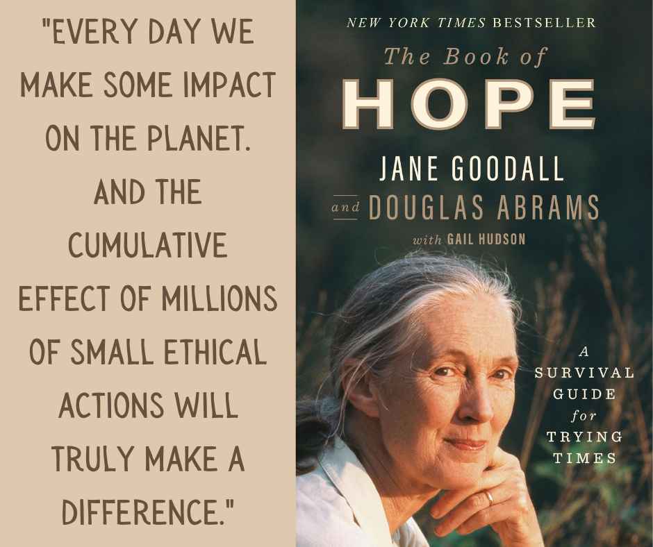 Quote on left: "Every day we have some impact on the planet.  And the cumulative effect of millions of small ethical actions will truly make a difference."  Book cover on right.