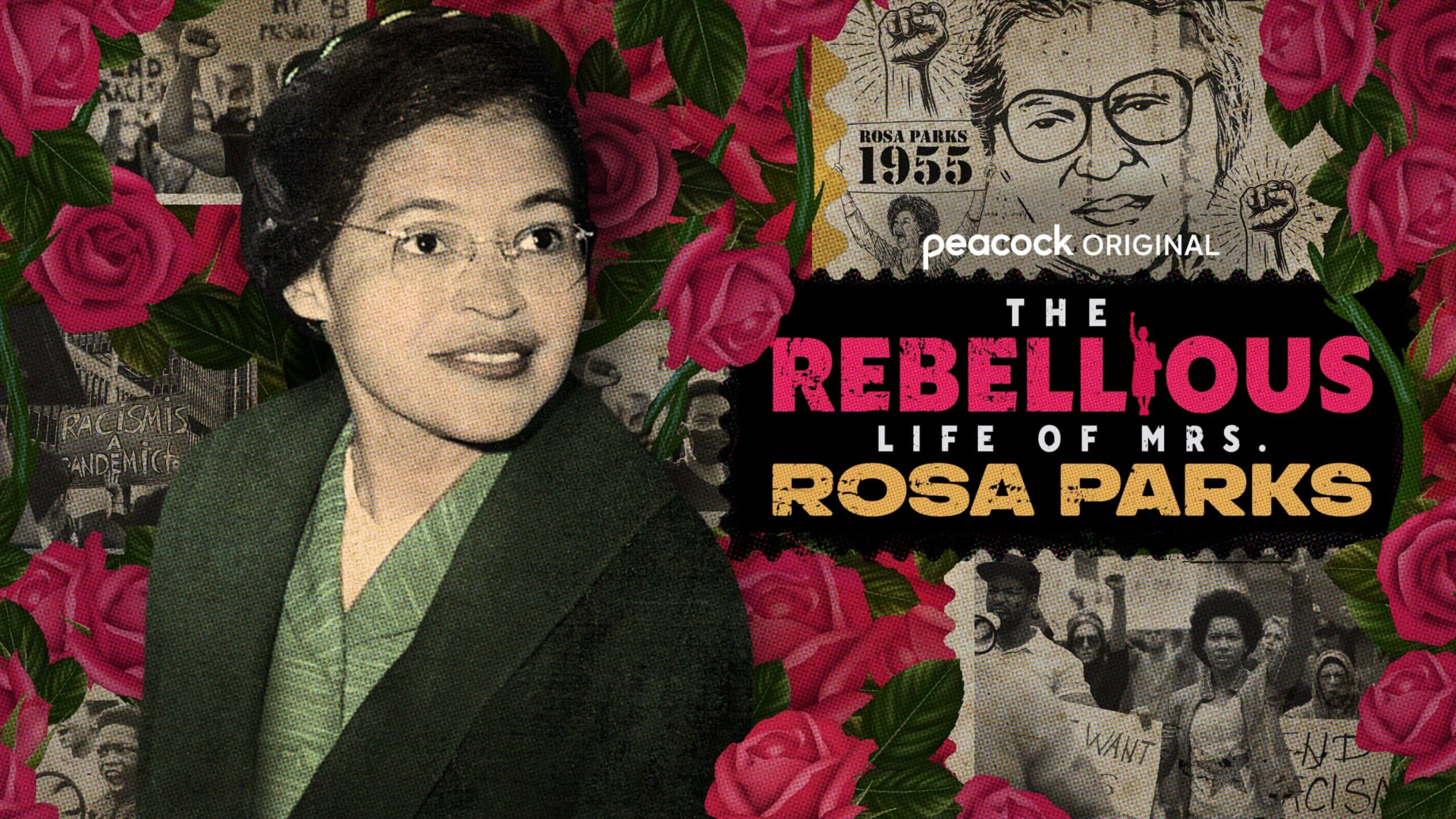 A photo of Rosa Parks on the left side of the image.  The title of the film appear on the right side: "The Rebellious Life of Mrs. Rosa Parks". There is a background of red flowers.