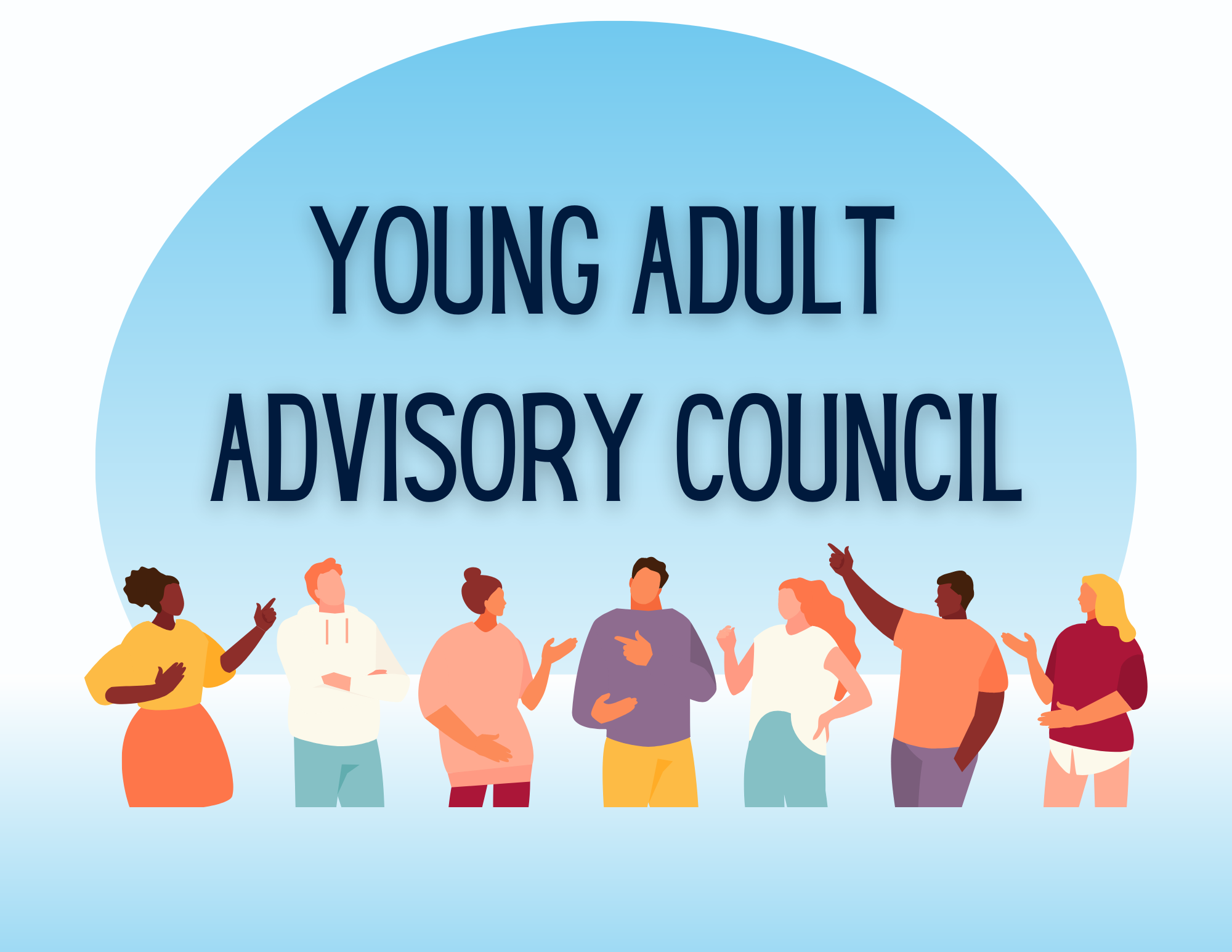 graphic of various figures talking under the text "Young Adult Advisory Council"