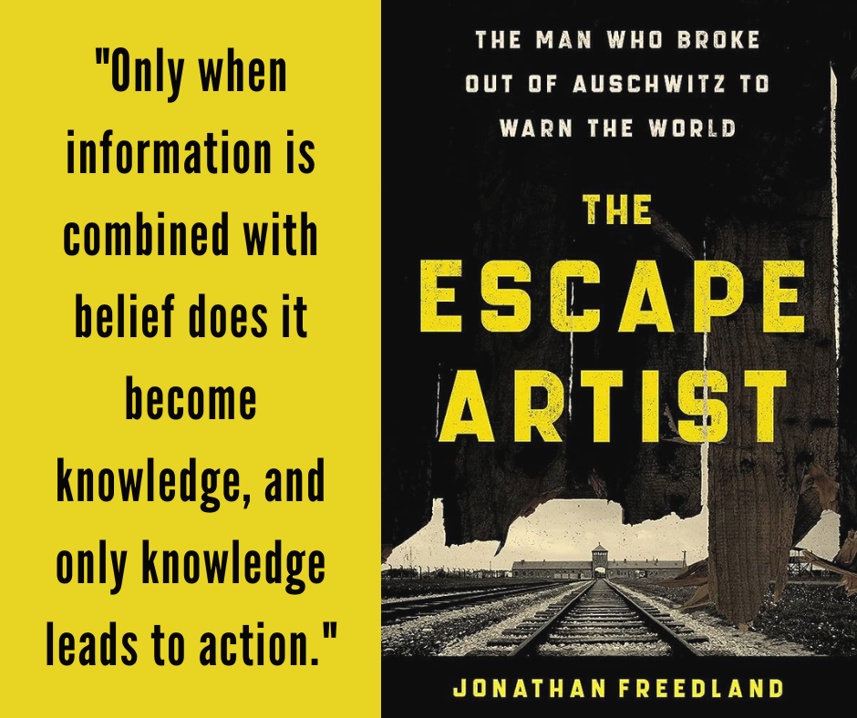 Quote on left: "Only when information is combined with belief does it become knowledge, and only knowledge leads to action."  Book cover on right.