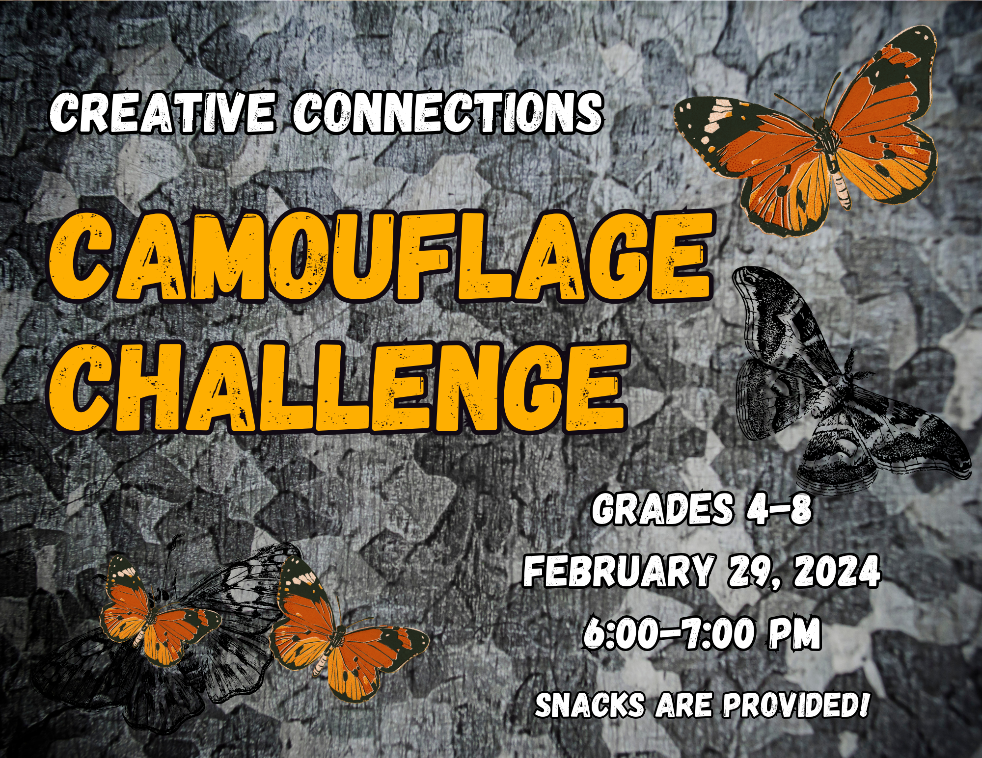 Creative Connections Camouflage Challenge grades 4 to 8 February 29 2024 6 to 7 pm snacks are provided!