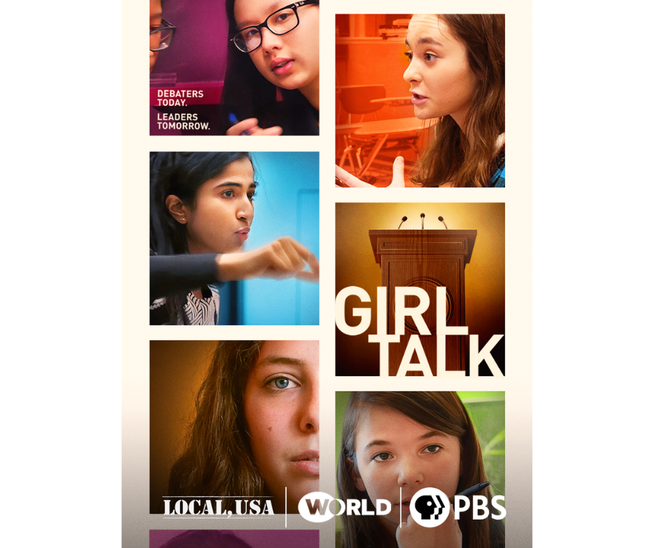 Movie poster: 6 squares.  5 with images of young women, 1 with a podium.
