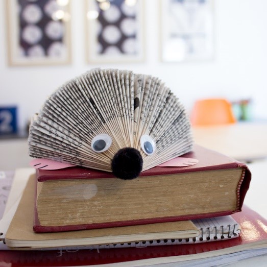 photo a hedgehog made out of a book with googly eyes and a black, fuzzy pom pom nose