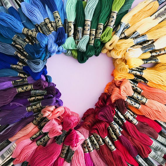 photo of a rainbow of embroidery floss creating the shape of a heart
