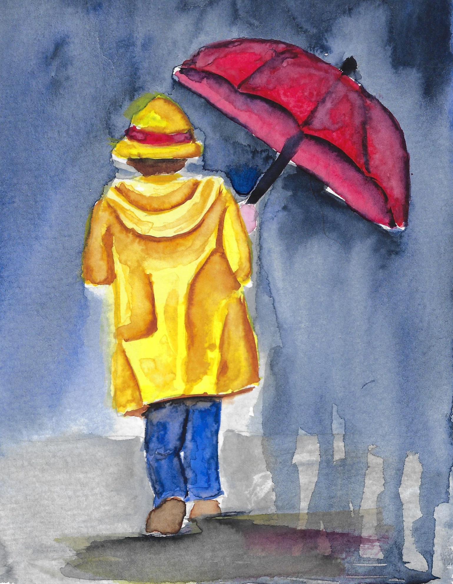 Person in a yellow raincoat with a red umbrella. Stormy background.