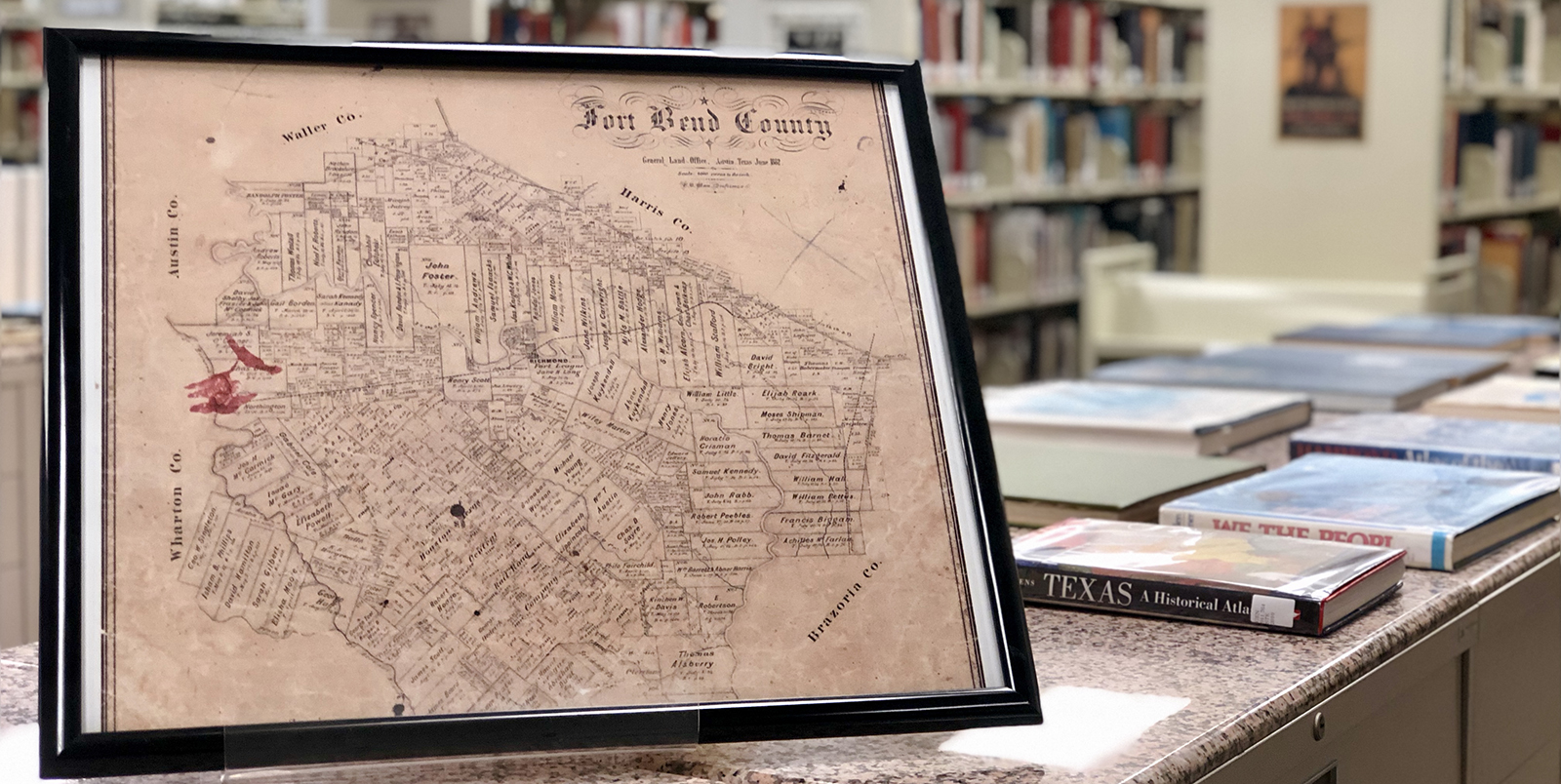 Fort Bend County framed map in the Genealogy & Local History Department