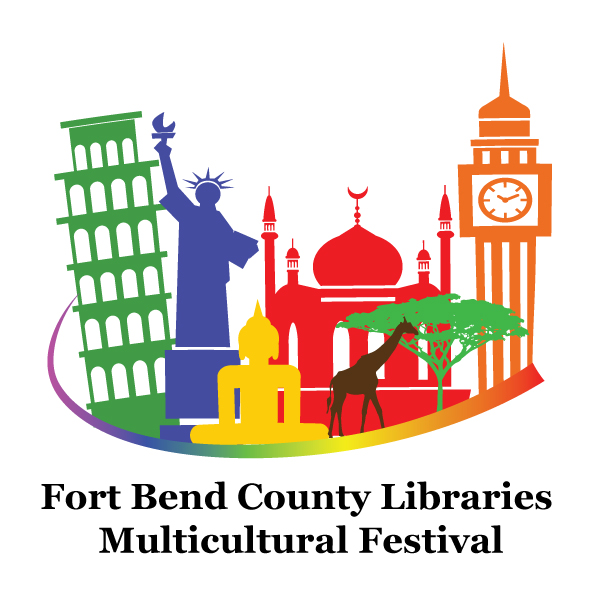Logo for Fort Bend County Libraries' Multicultural Festival, showing buildings representing different places in the world.