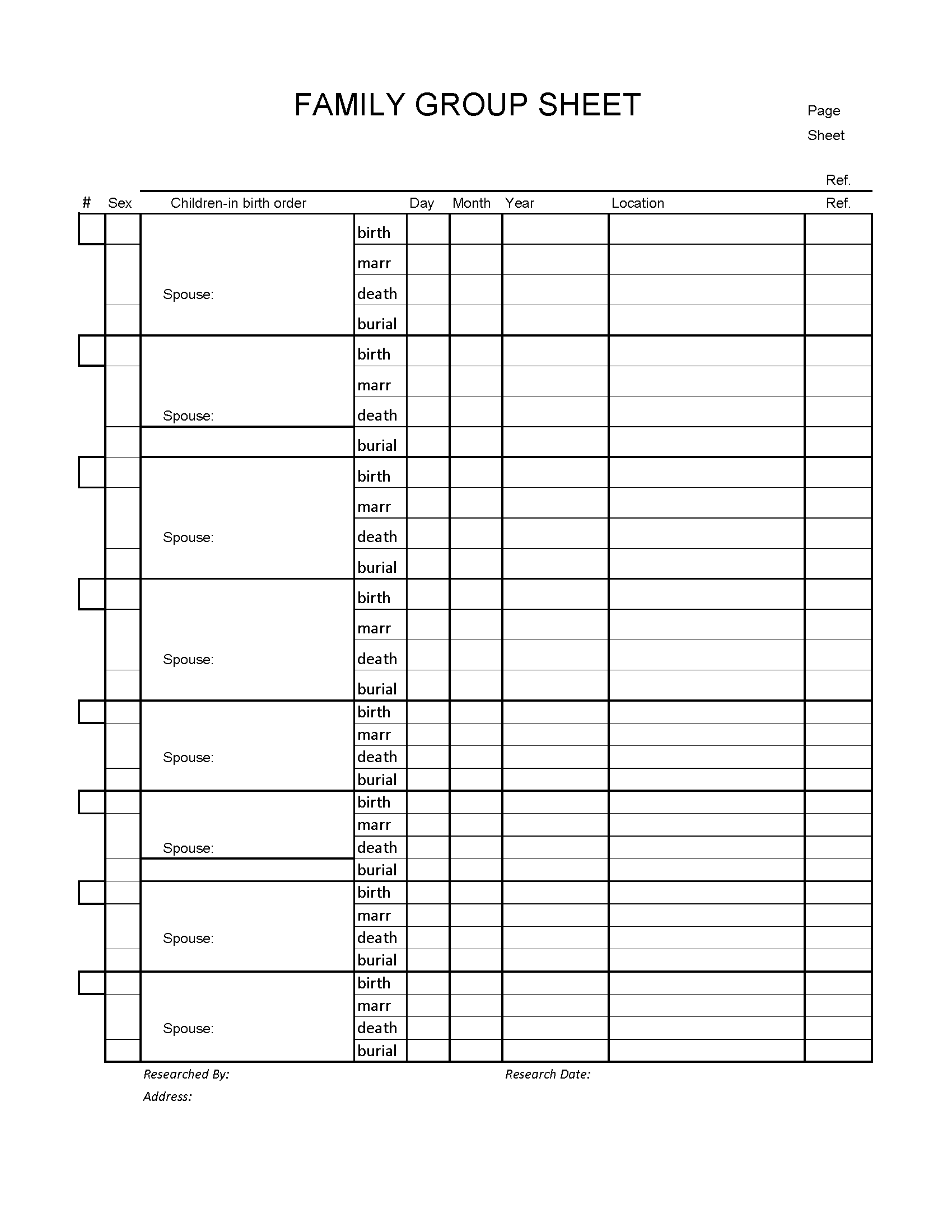 Master Family Group Sheet with extra slots for additional children