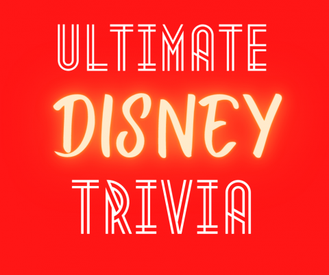 Ultimate disney trivia text in yellow and white with red background