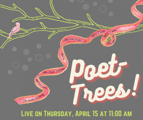 Green branch with pink ribbon looped around one branch. Pink bird on branch on left of image. Poet-trees text in pink and white script. Gray background