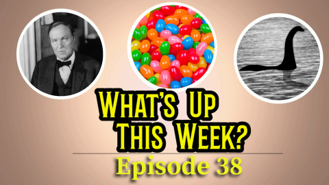 Text: What's Up This Week? Episode 29. 3 images in circles: Clarence Darrow, a pile of jellybeans, and the Loch Ness Monster photograph