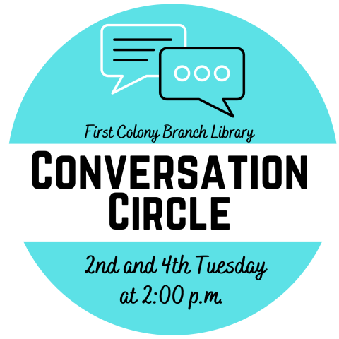 Conversation Circle Logo. Teal Circle with white rectangle across middle with text Conversation Circle in black font. 