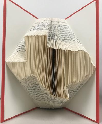 A book with pages folded into the shape of Texas.