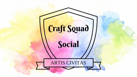 Rainbow water color style background.  A black-outlined shield has the words, "Craft Squad Social" in the middle.  A banner at the bottom of the shield says, "Artis Civitas".