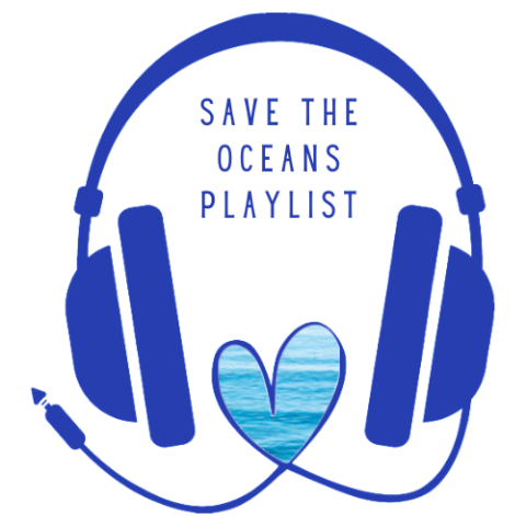 Clip art style headphones in deep blue.  The cord to the headphones creates a heart.  The inside of the heart is filled with a picture of ocean waters.   "Save the Oceans Playlist" is in blue letters, between the headphones.