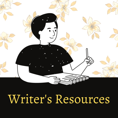 A person with a notebook with underlaying text reading "Writer's Resources"
