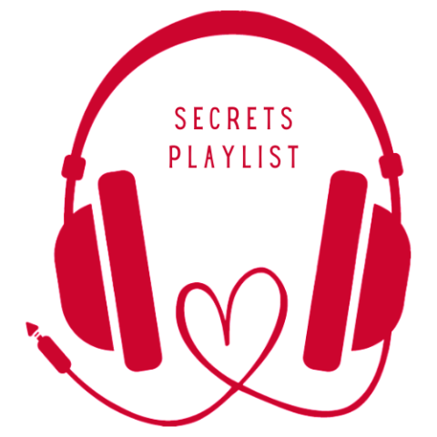 Clip art style headphones in red.  The cord to the headphones creates a heart.  "Secrets Playlist" is in red letters, between the headphones.