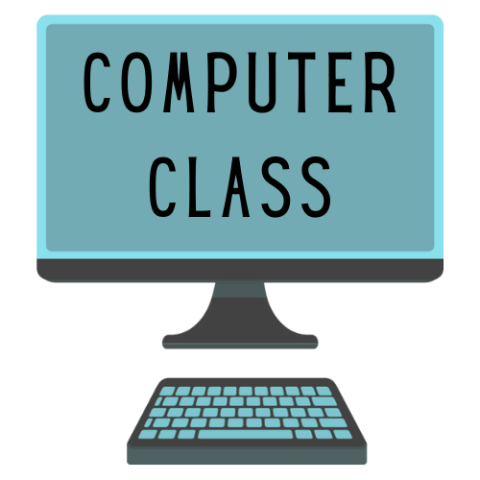 A graphic image of a computer, in teal and black.  On the computer's screen are the words, "Computer class".