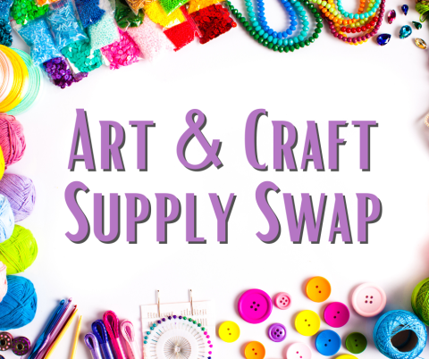 "Art & Craft Supply Swap" in purple block lettering, surrounded by art and craft supplies.