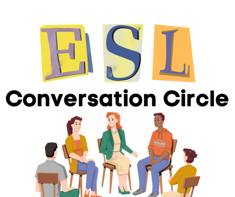 illustration of group sitting with text reading ESL Conversation Circle