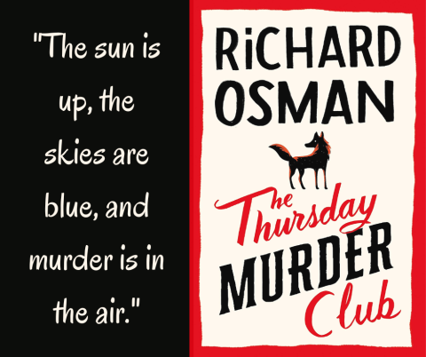 Quote on left: "The sun is up, the skies are blue, and murder is in the air."  Book cover on right.