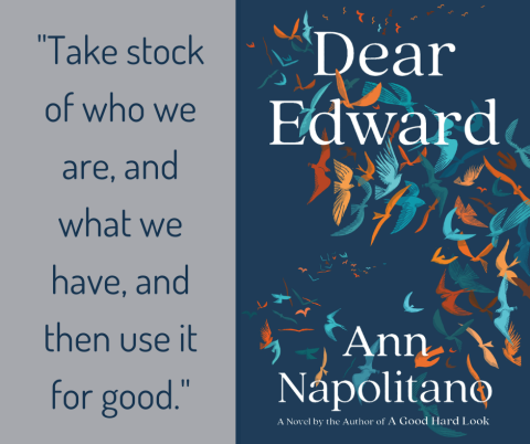 Quote on left: "Take stock of who we are, and what we have, and then use it for good."  Book cover on right.
