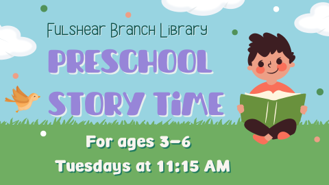 Preschool Story Time graphic with boy reading book