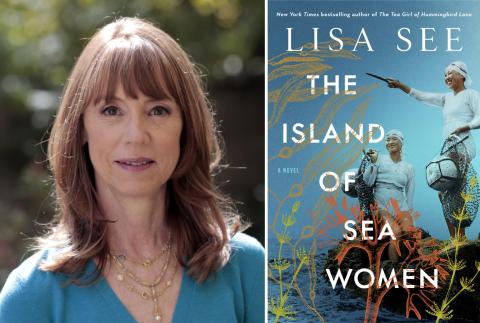 Lisa See photo on left, cover of book "The Island of Sea Women" on right.