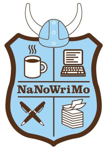 National Novel-Writing Month logo - a blue shield with a coffee cup, laptop, pens, & paper.