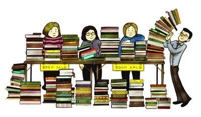Graphic of table loaded down with piles of books, and people standing by them.