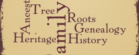 Graphic showing Genealogy-related words (Heritage, Family, Roots, Ancestry, Genealogy, History) going in different directions.