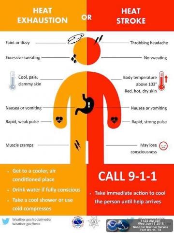 Graphic showing symptoms of heat exhaustion and heat stroke
