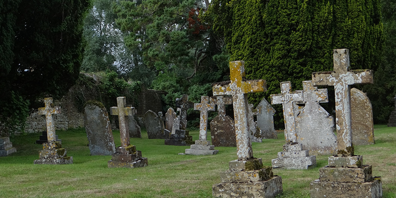 Cemetery with old, mossy headstones