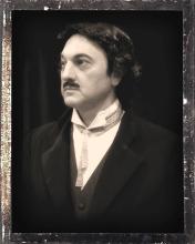Black and white photo of Vince Tortorice as Edgar Allan Poe