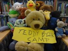 Stuffed animals with "Teddy Bear Camp" sign